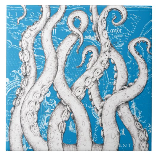 Witte Tentakels Octopus  Kaart Blauw Nautisch Tegeltje (Voorkant)