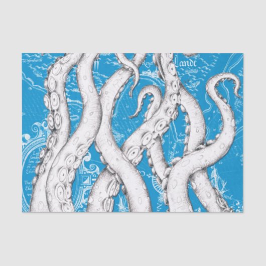 Witte Tentakels Octopus Kaart Blauw Nautisch Tissuepapier (Voorkant)