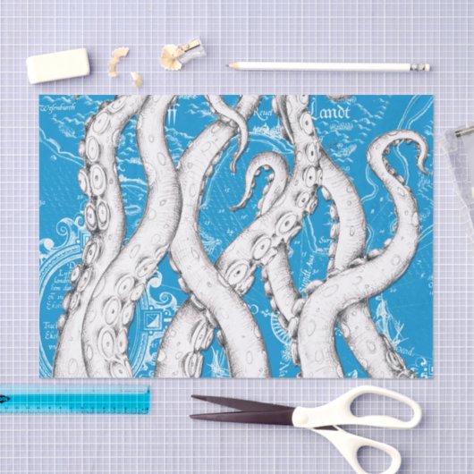 Witte Tentakels Octopus  Kaart Blauw Nautisch Tissuepapier (Craft)