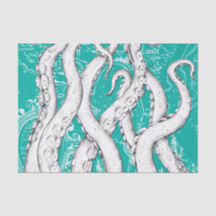 Witte Tentakels Octopus Kaart Blauwgroen Nautisch Tissuepapier