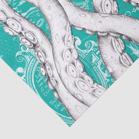 Witte Tentakels Octopus Kaart Blauwgroen Nautisch Tissuepapier (Detail)
