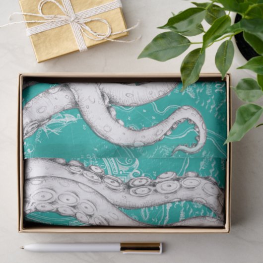 Witte Tentakels Octopus Kaart Blauwgroen Nautisch Tissuepapier (Geschenk)