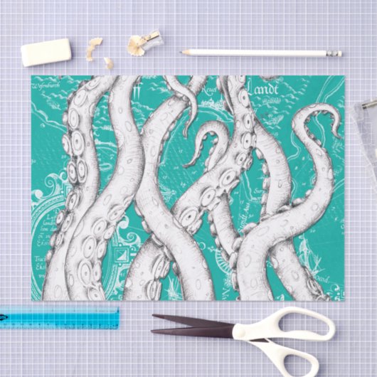 Witte Tentakels Octopus  Kaart Blauwgroen Nautisch Tissuepapier (Craft)