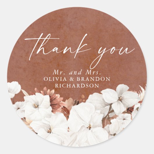Witte Terracotta Bloemen Boho Elegante Bedankt Ronde Sticker (Voorkant)