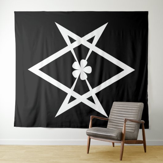 Witte Thelema Solid Unicursal Hexagram op Zwart Wandkleed (In Situ (horizontaal))