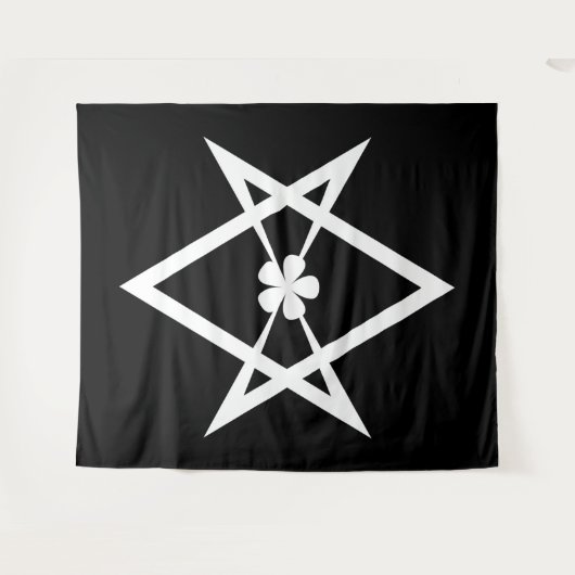 Witte Thelema Solid Unicursal Hexagram op Zwart Wandkleed (Voorkant (horizontaal))
