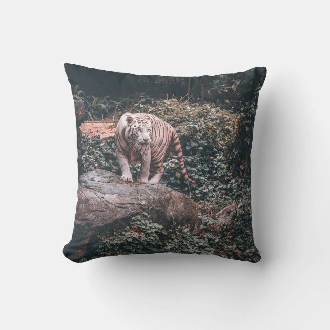 WITTE TIGER STANDAARD OP GRAY STONE KUSSEN (Voorkant)