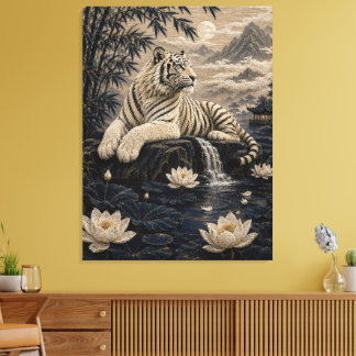 Witte Tijger bij een Lotusvijver – Bamboe Bergland Canvas Afdruk