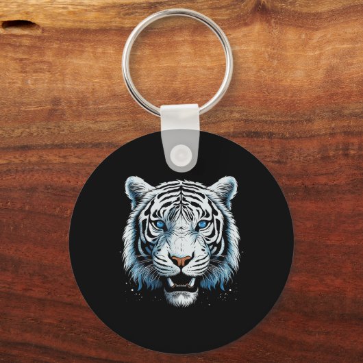 Witte Tijger Blauwe Ogen Wilde Kat Dier Sleutelhanger (Voorkant)