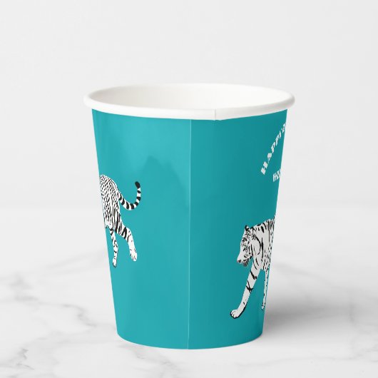 Witte tijger Blauwgroen, Turquoise Blue op maat Papieren Bekers (Rechts)