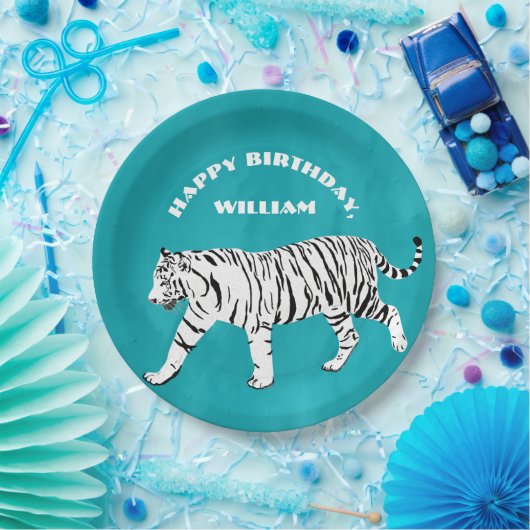 Witte tijger Blauwgroen, Turquoise Blue op maat Papieren Bordje (Feest)