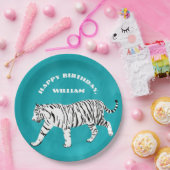 Witte tijger Blauwgroen, Turquoise Blue op maat Papieren Bordje (Feest)