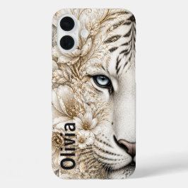 Witte Tijger Bloemkunst met Blauwe Ogen iPhone 16 Plus Hoesje
