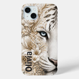 Witte Tijger Bloemkunst met Blauwe Ogen iPhone 15 Mini Hoesje
