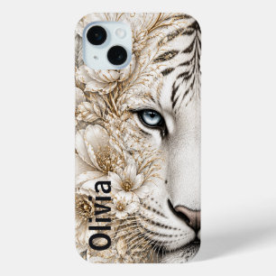 Witte Tijger Bloemkunst met Blauwe Ogen iPhone 15 Mini Hoesje