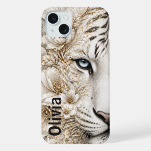 Witte Tijger Bloemkunst met Blauwe Ogen iPhone 15 Plus Case