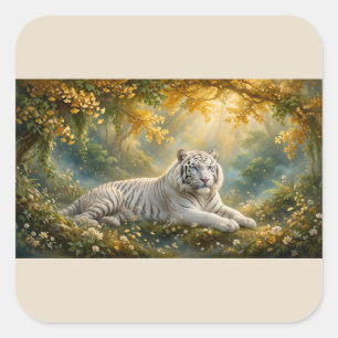 Witte Tijger – Een Stille Plaats Onder Gouden Blad Vierkante Sticker