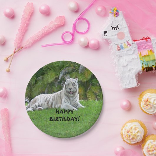 Witte tijger en palmbomen Borden glimlachen Papieren Bordje (Feest)