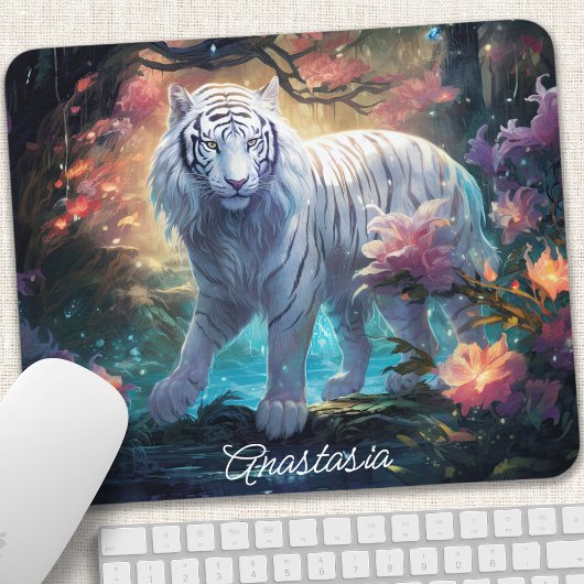 Witte Tijger Fantasie Bloem Naam Ontwerp Muismat