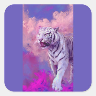 Witte Tijger Fantasie Kunst – Paarse Droomwereld D Vierkante Sticker