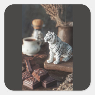 Witte Tijger Figuur – Rustige Chocolade & Koffie Vierkante Sticker