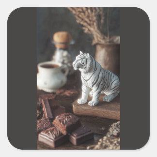 Witte Tijger Figuur – Rustige Chocolade & Koffie Vierkante Sticker