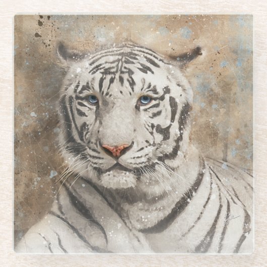 Witte Tijger Gezichtsfotografie Moderne Waterverf Glazen Onderzetter (Voorkant)