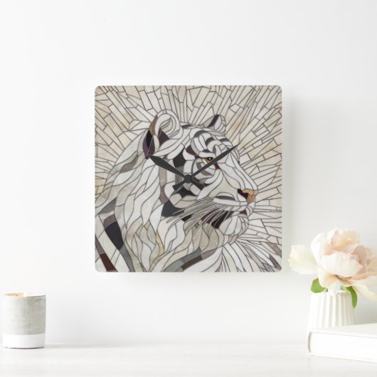 Witte tijger - Glas in lood Mozaïek Digitale Kunst Vierkante Klok (Huis)