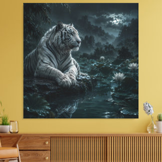 Witte Tijger in een Regenachtige Lotusvijver – Mys Canvas Afdruk