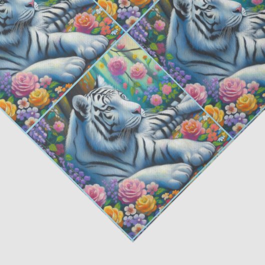 Witte tijger in het bos met bloemen decoupage tissuepapier (Detail)
