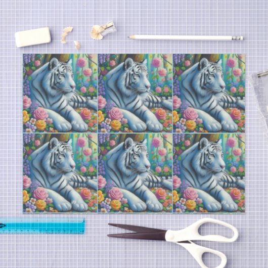 Witte tijger in het bos met bloemen decoupage tissuepapier (Craft)