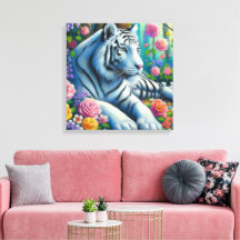 Witte Tijger in het Bos w/Flowers Blauwgroen Roze 