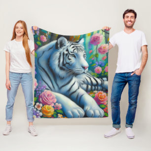 Witte Tijger in het Bos w/Flowers Blauwgroen Roze Fleece Deken