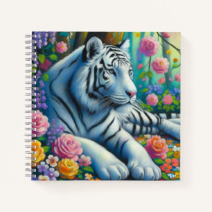 Witte Tijger in het Bos w/Flowers Blauwgroen Roze  Notitieboek