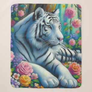 Witte Tijger in het Bos w/Flowers Blauwgroen Roze Sherpa Deken