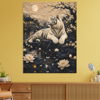 Witte Tijger in Maanverlichte Lotusvijver – Aziati Canvas Afdruk