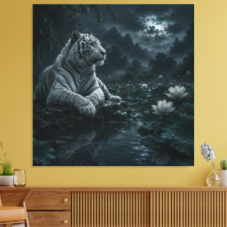 Witte Tijger in Maanverlichte Lotusvijver – Mystie Canvas Afdruk