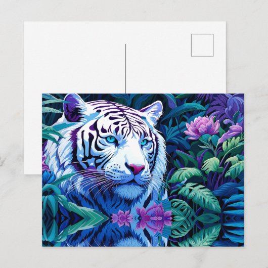 Witte tijger in paarse bloemen briefkaart (Voorkant / Achterkant)