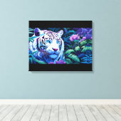 Witte tijger in paarse bloemen canvas afdruk (Insitu (Houten vloer))