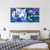 Witte tijger in paarse bloemen canvas afdruk (Insitu (Slaapkamer))