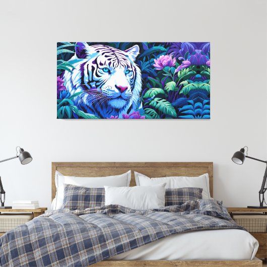 Witte tijger in paarse bloemen canvas afdruk (Insitu (Slaapkamer))