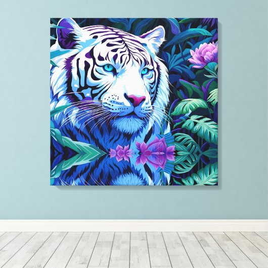 Witte tijger in paarse bloemen canvas afdruk (Insitu (Houten vloer))