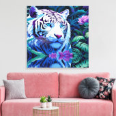 Witte tijger in paarse bloemen canvas afdruk (Insitu (Woonkamer))