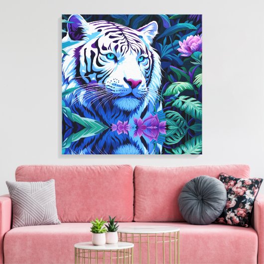 Witte tijger in paarse bloemen canvas afdruk (Insitu (Woonkamer))