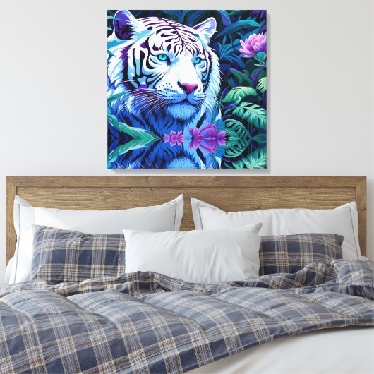 Witte tijger in paarse bloemen canvas afdruk (Insitu (Slaapkamer))