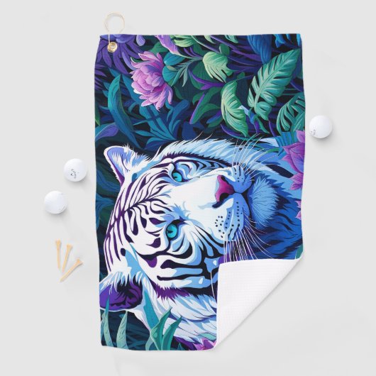 Witte Tijger in paarse bloemen Reflectie Golfhanddoek (Insitu)