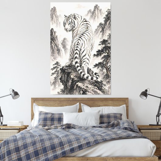 Witte Tijger Inkt Schildering op Bergklif – Orien Canvas Afdruk (Insitu (Slaapkamer))