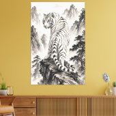 Witte Tijger Inkt Schildering op Bergklif – Orien Canvas Afdruk (Insitu (Woonkamer))