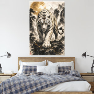 Witte Tijger Inkt Wassen Muurkunst Aziatische Zen  Canvas Afdruk