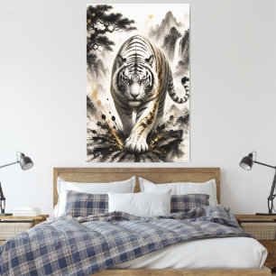 Witte Tijger Inktsplash Canvas Kunst Japanse Sumi-